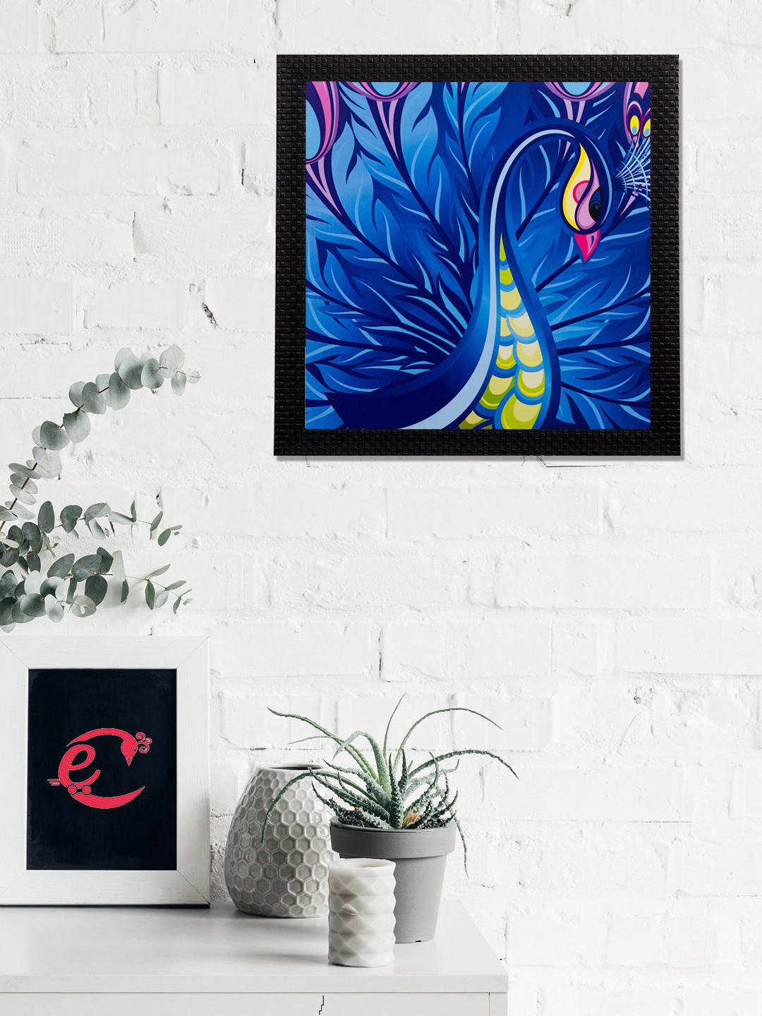 eCraftIndia Blue & Yellow Dancing Peocock Satin Matt Texture UV Wall Art