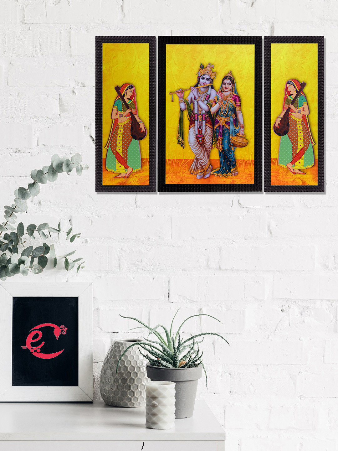 eCraftIndia Lord Krishna With Radha MDF 3 Piece Wall Rectangle Paintings Wall Art