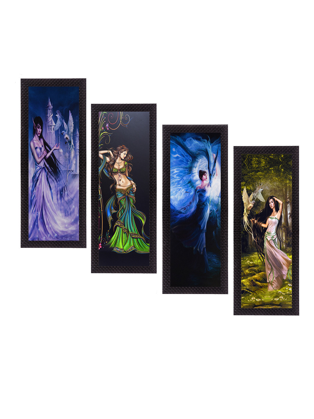 eCraftIndia Set Of 4 Blue & Green Dancing Angels Satin Matt Texture UV Wall Art