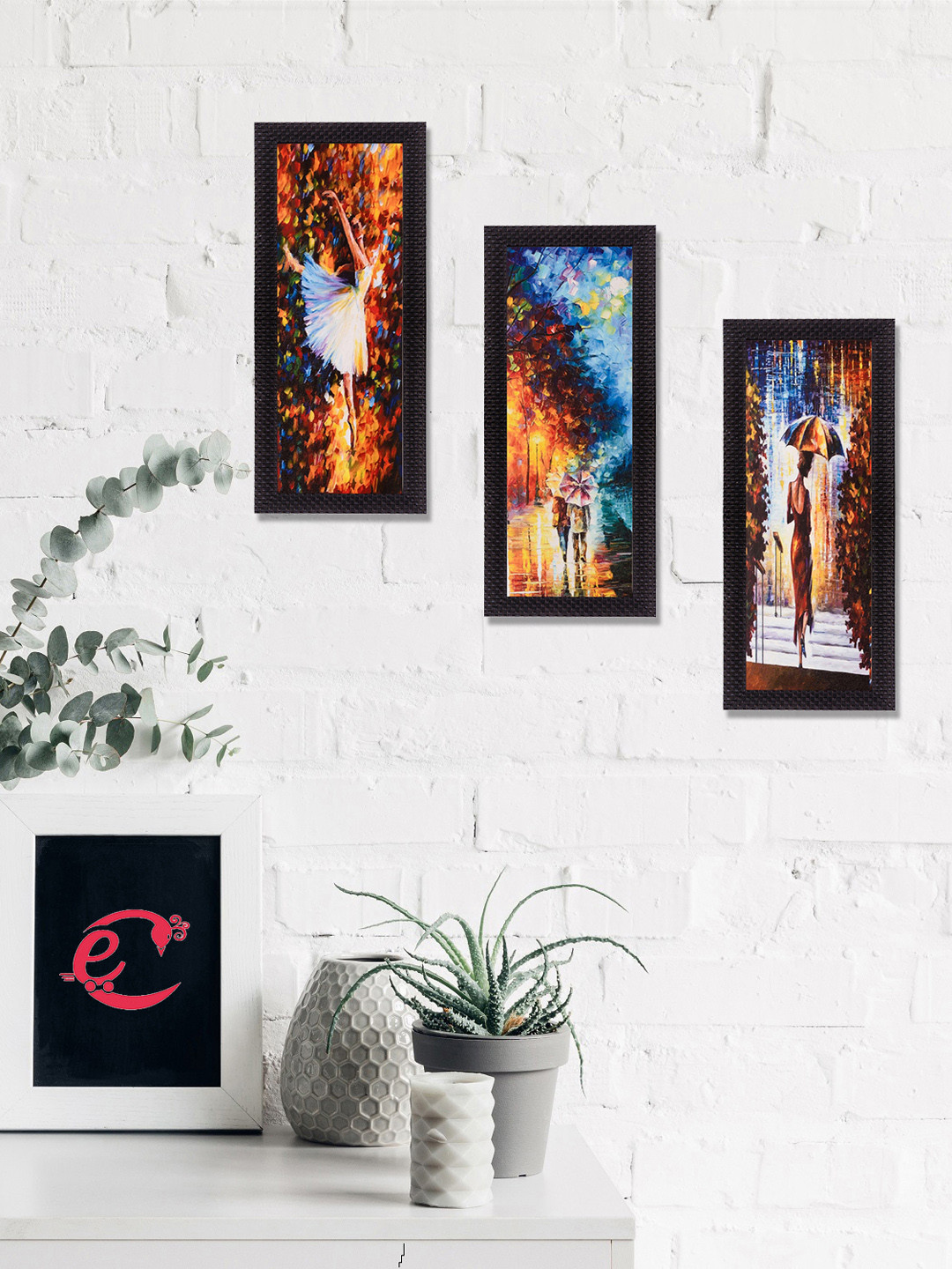 eCraftIndia Set Of 3 Orange & Blue Beautiful Loving Couple Satin Matt Texture UV Wall Art