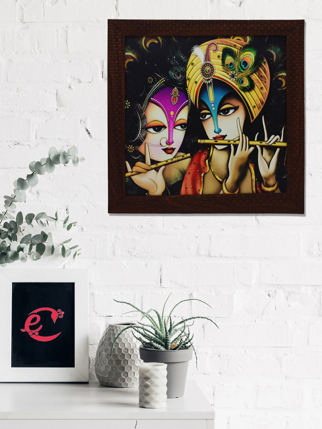 eCraftIndia Blue & Yellow Radha Krishna Playing Flute Satin Matt Texture UV Wall Art
