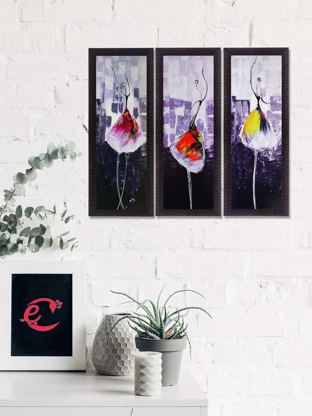eCraftIndia Set Of 3 Purple & Red Abstract Dancing Lady Satin Matt Texture UV Wall Art