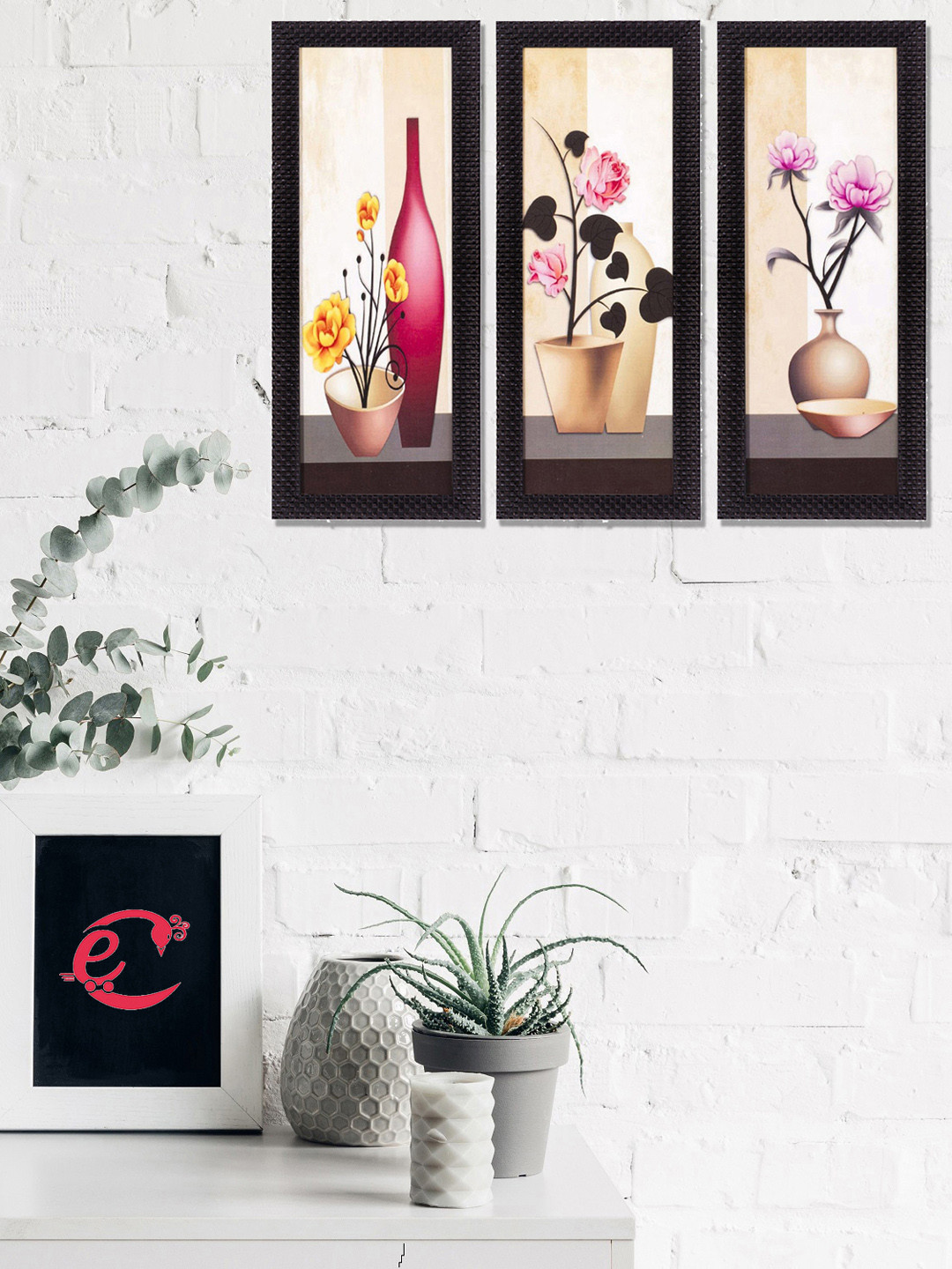 eCraftIndia 3 Pcs Beige & Pink Floral Pot Satin Matt Texture Painting UV Wall Art