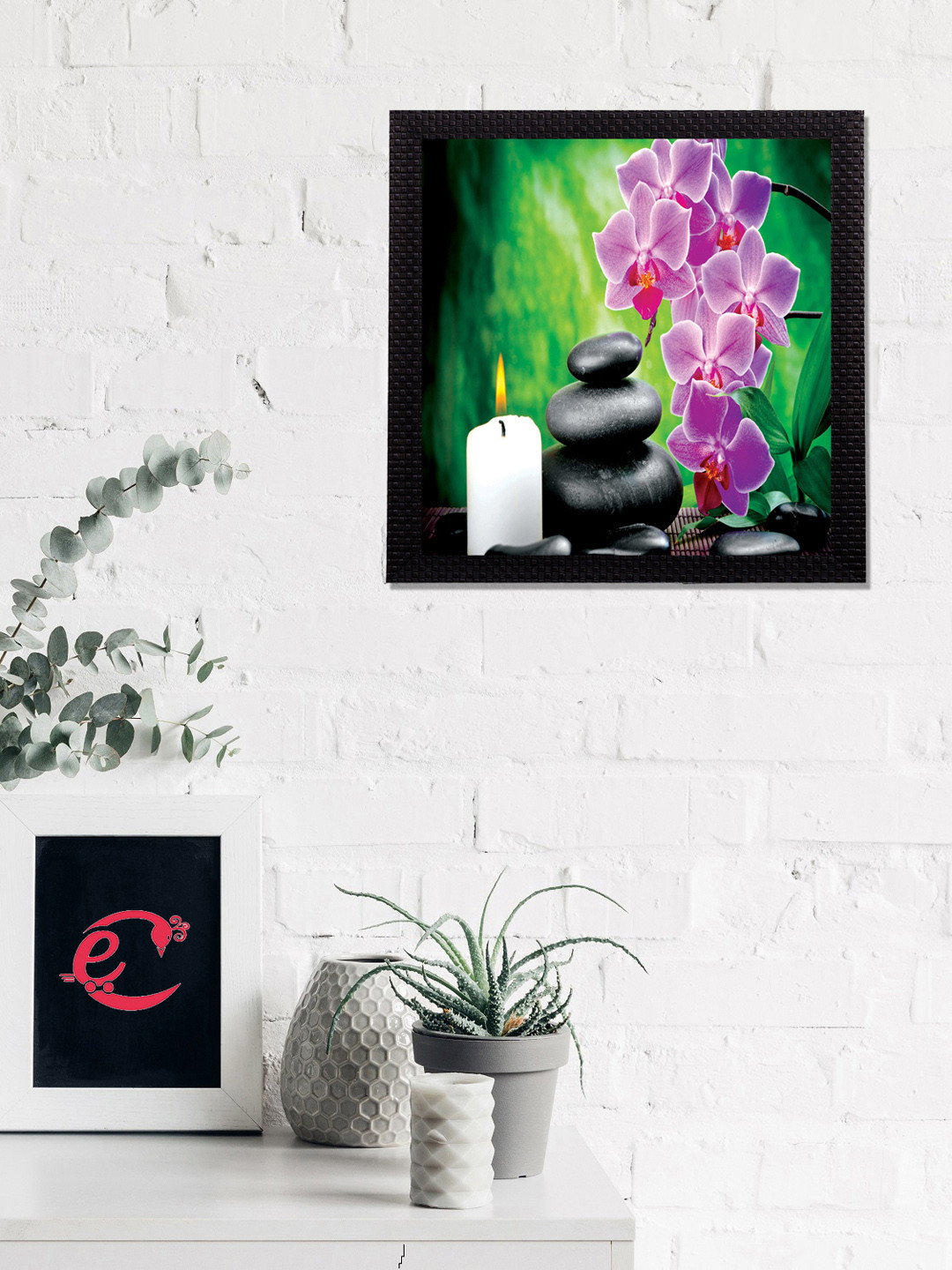 eCraftIndia Green & Pink Flower and Candle Satin Matt Texture UV Wall Art