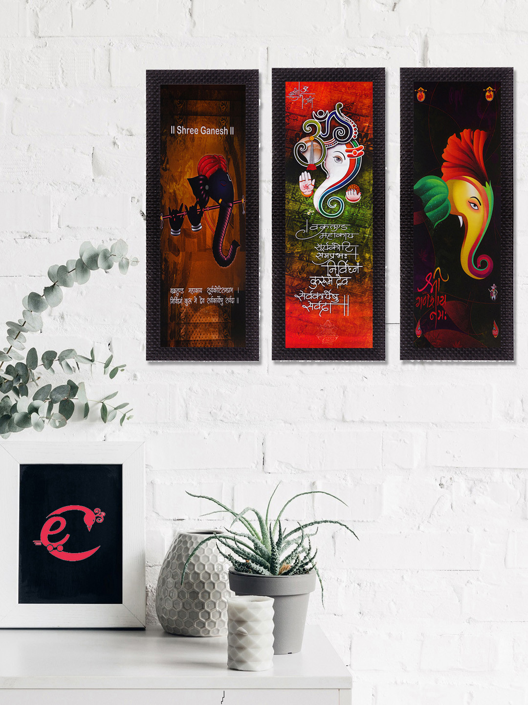 eCraftIndia Lord Ganesha Paper 3 Pcs Home Office Paintings Wall Art -15.7 x 6.69In