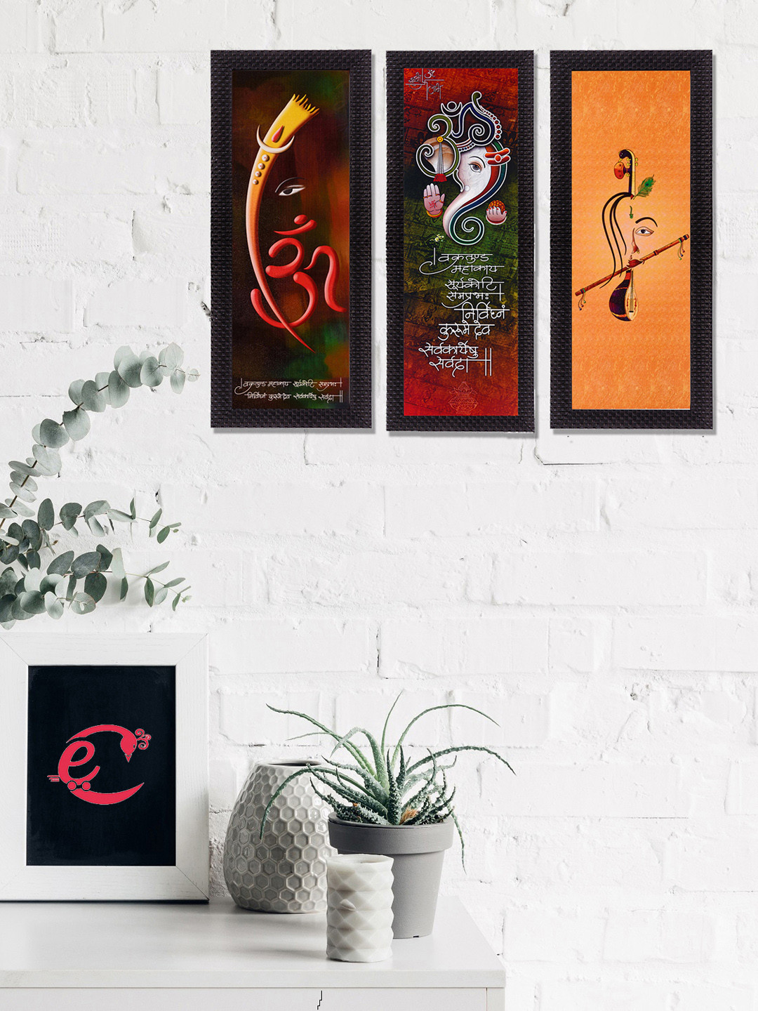 eCraftIndia Ganesha & Krishna Lord Buddha Satin 3 Piece Wall Paintings Wall Art -16 x 7In