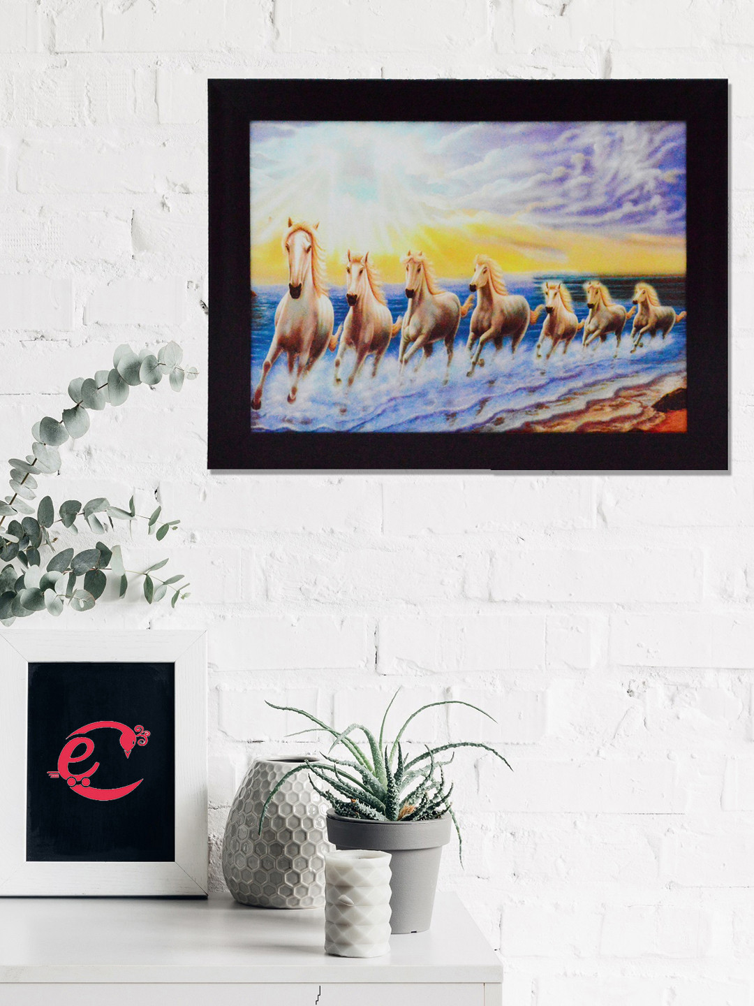 eCraftIndia Blue & Brown Running Lucky Horses Satin Matt Texture UV Wall Arts