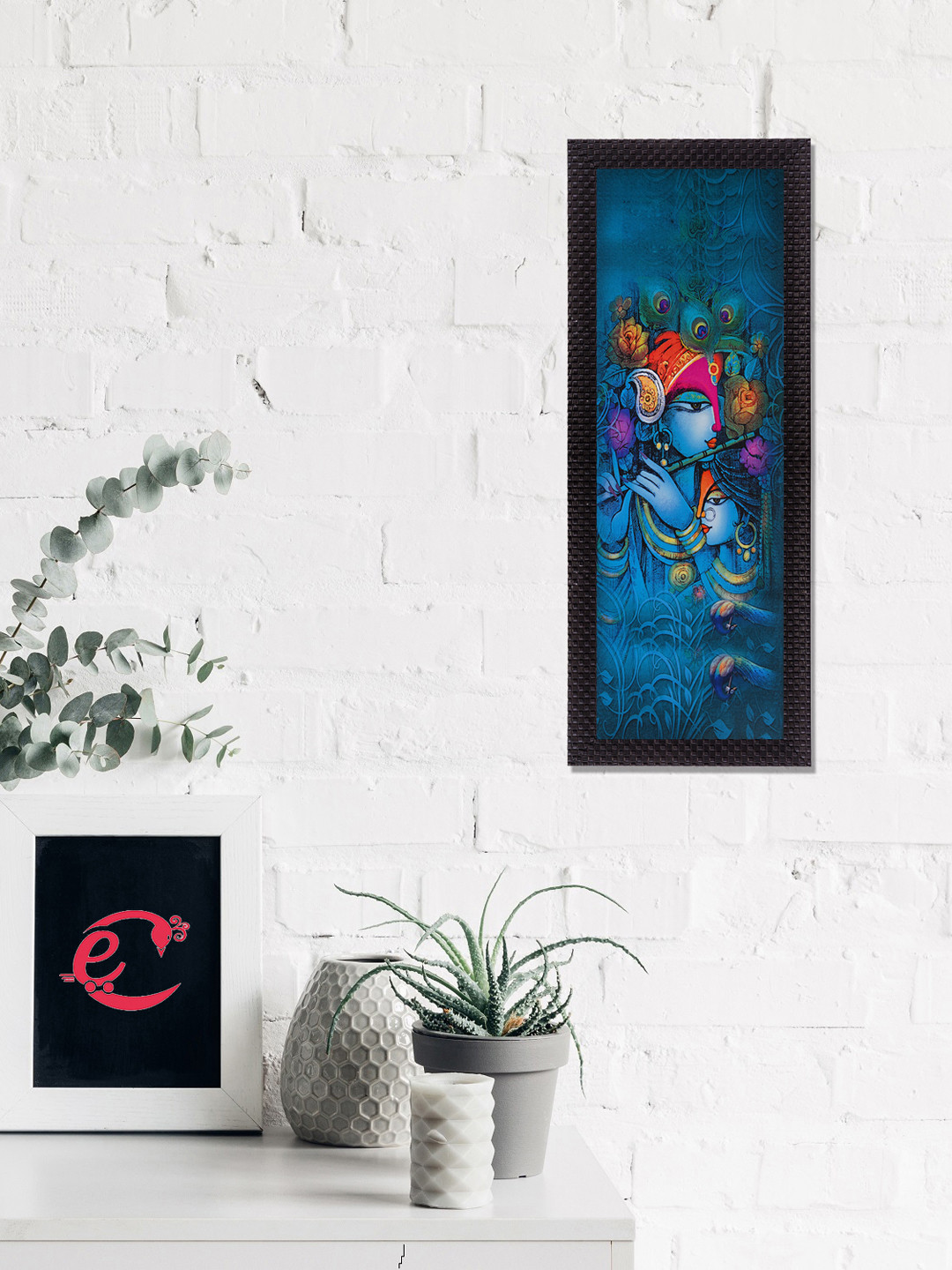 eCraftIndia Teal Blue & Orange Musical Lord Krishna Satin Matt Texture UV Wall Art