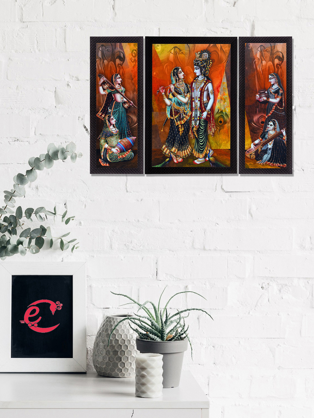 eCraftIndia Set Of 3 Orange and Blue Musical Radha With Krishna Texture UV Wall Arts