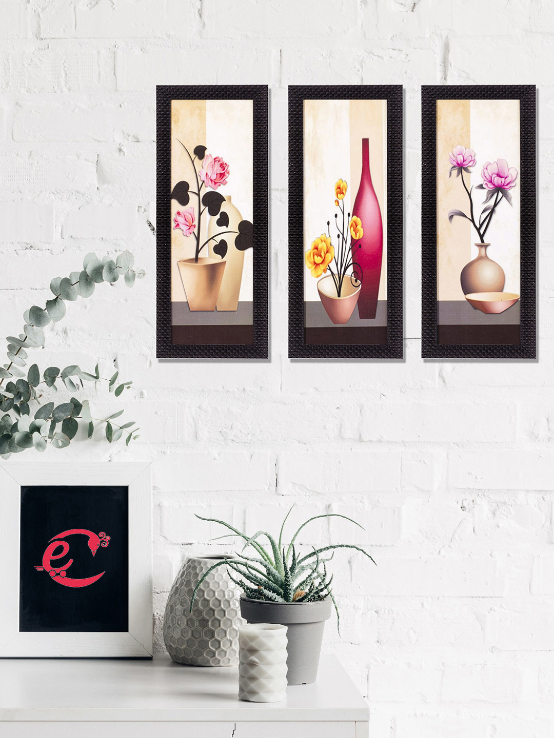 eCraftIndia Set Of 3 Beige & Pink Decorative Floral Botanical Pot Satin Matt Texture UV Wall Art