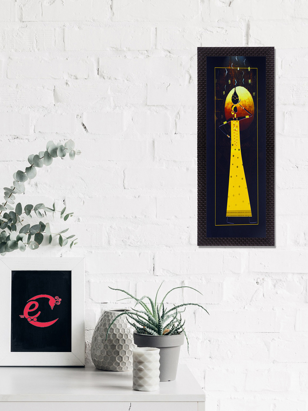 eCraftIndia Yellow & Black Woman Figurine Satin Matt Texture UV Wall Art