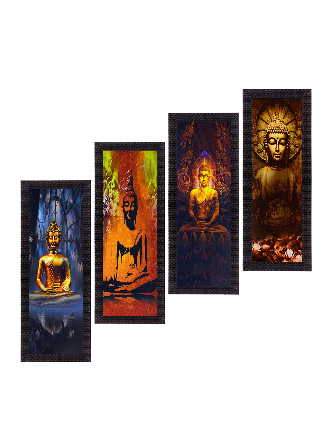 eCraftIndia Set Of 4 Brown & Black Lord Buddha Satin Matt Texture UV Wall Art
