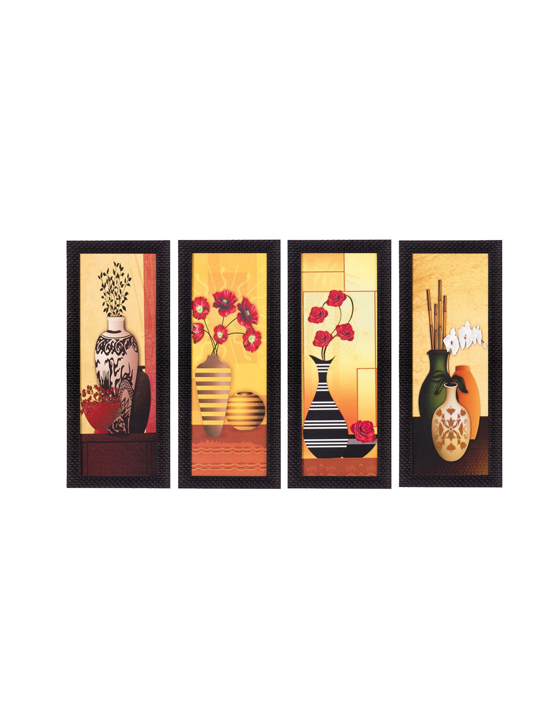 eCraftIndia Set Of 4 Yellow & Pink Botanical Floral Pots Satin Matt Texture UV Wall Art