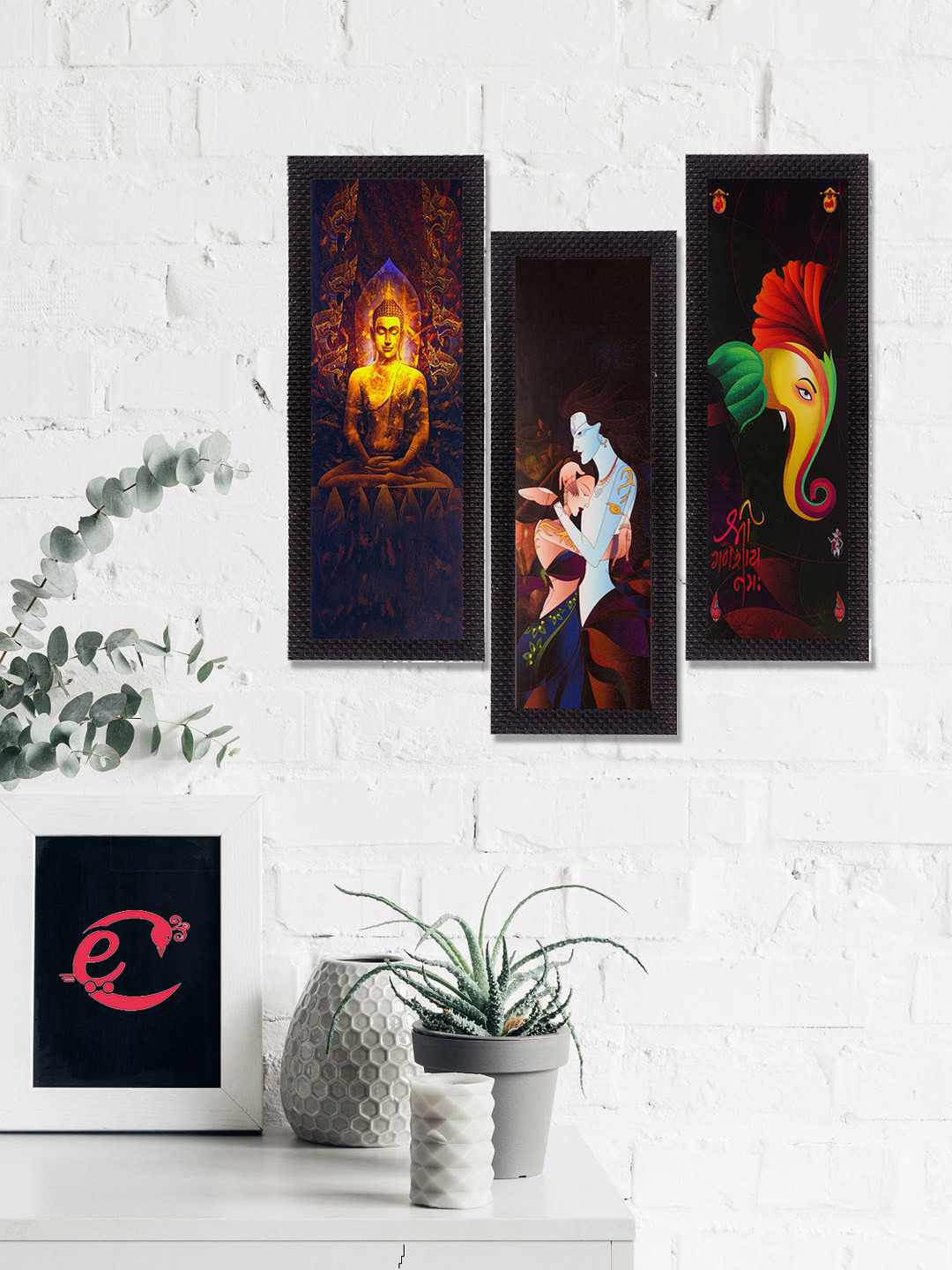 eCraftIndia Unisex Set Of 3 Brown & Yellow Radha Krishna Ganesha & Buddha Satin Matt Texture UV Wall Art