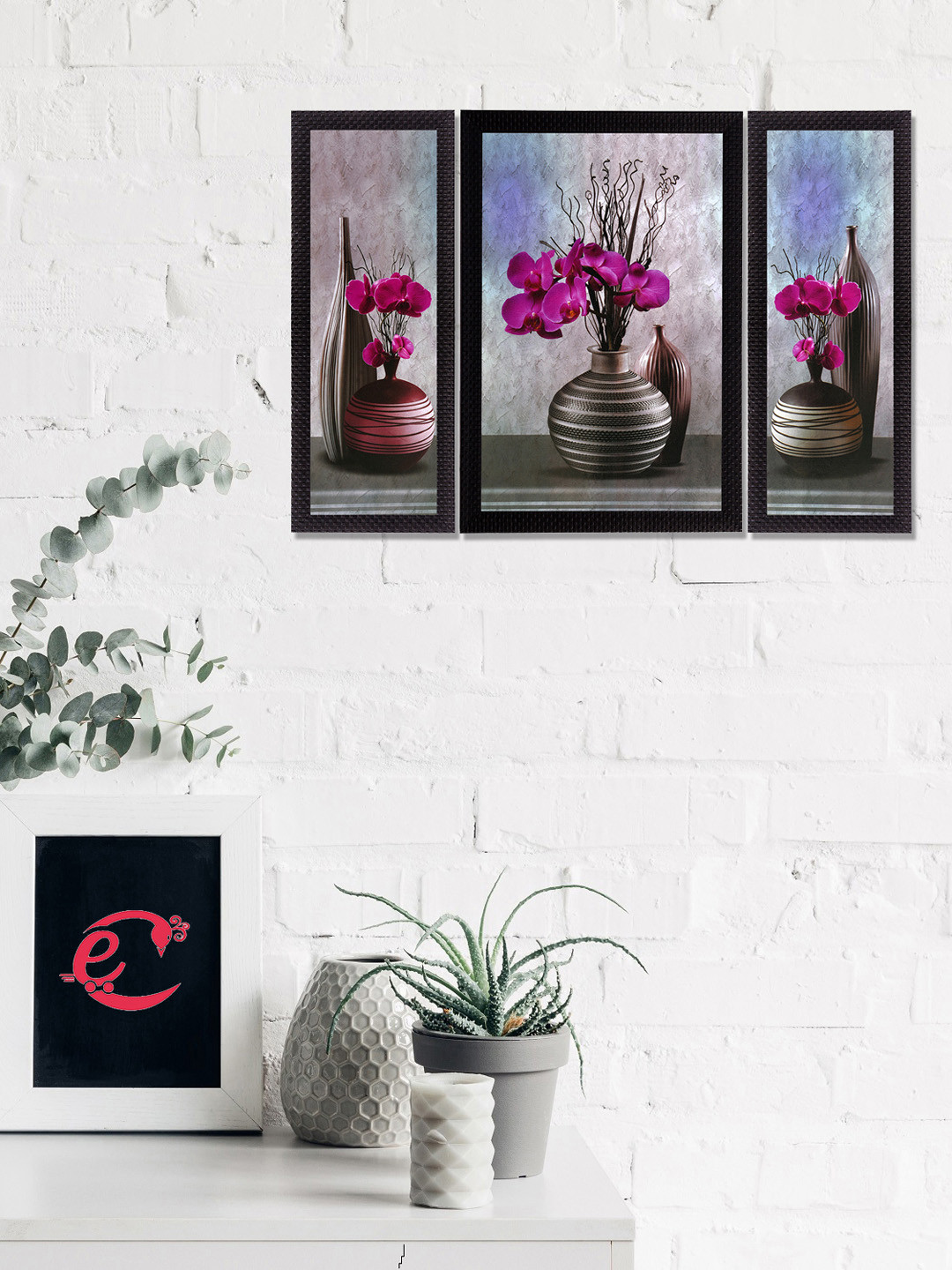 eCraftIndia Set Of 3 Pink & Grey Flower & Vase Satin Matt Texture UV Wall Art
