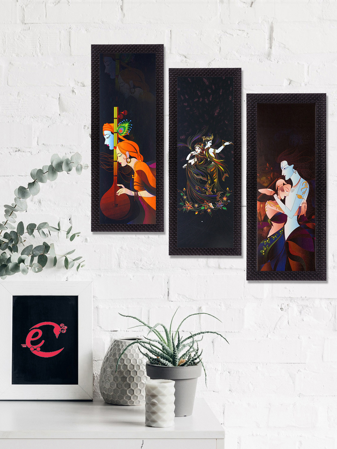 eCraftIndia Set Of 3 Black & Orange Radha Krishna Satin Matt Texture UV Wall Art
