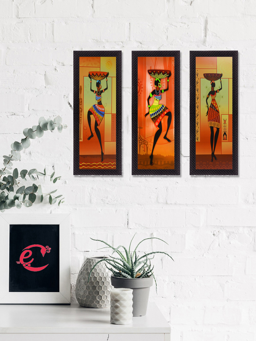 eCraftIndia Set Of 3 Orange & Green Tribal Ladies Satin Matt Texture UV Wall Art