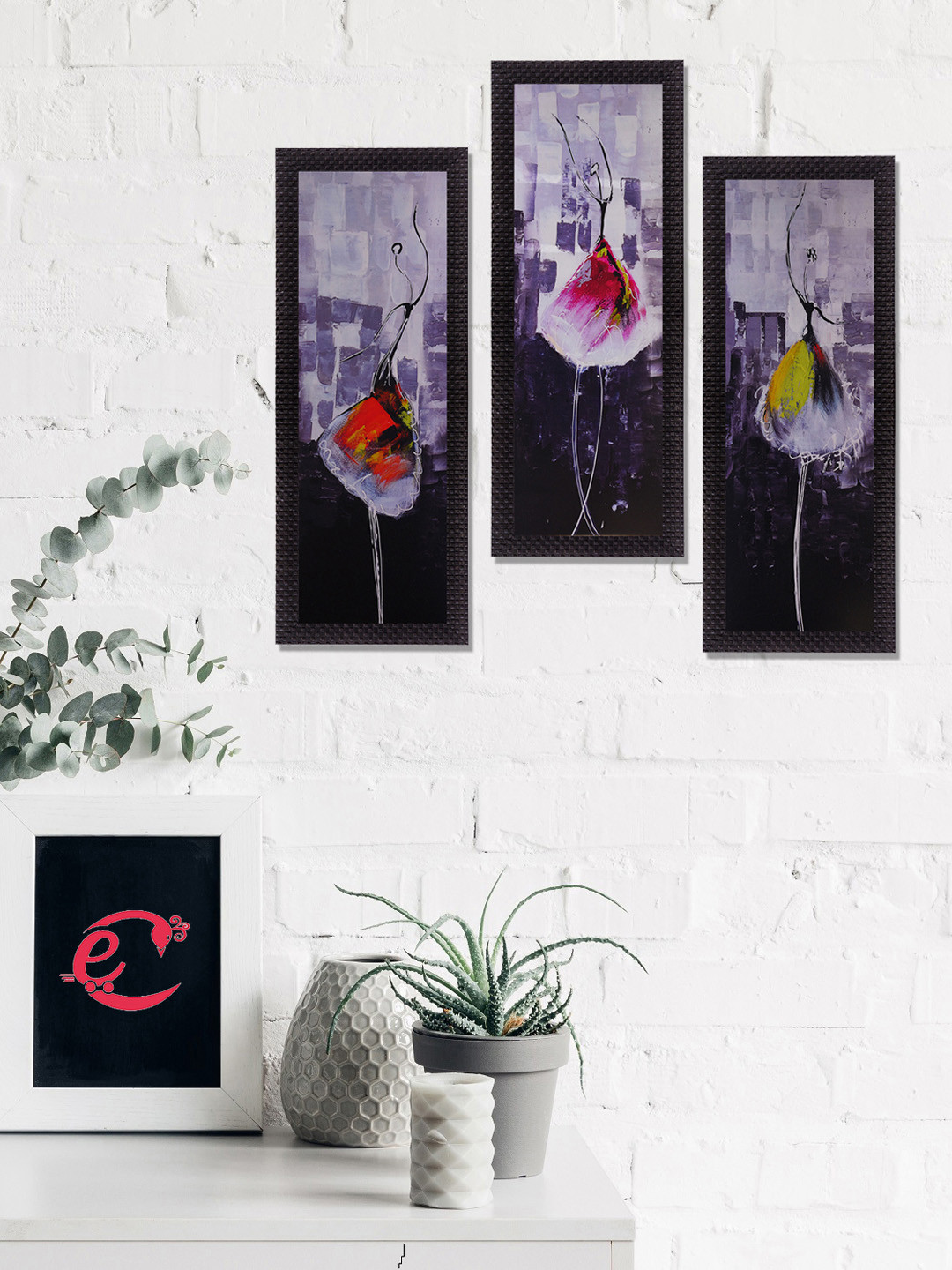 eCraftIndia Set Of 3 Purple & Black Beautiful Angels Satin Matt Texture UV Wall Art