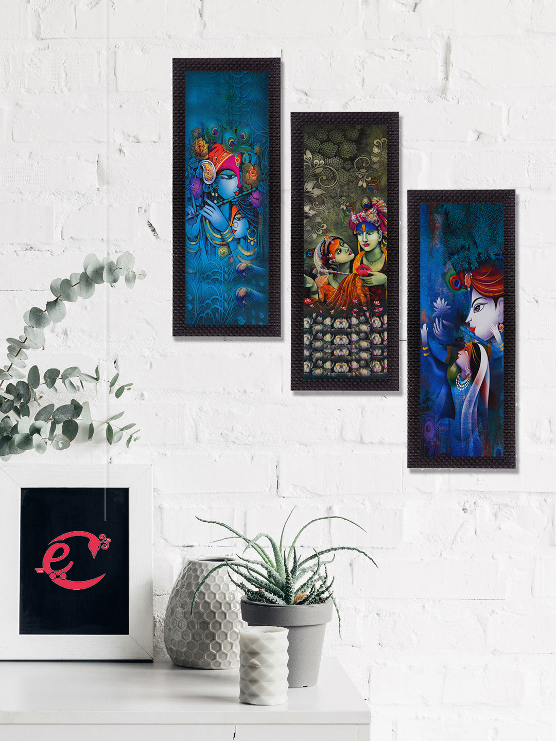 eCraftIndia Lord Krishna And Lordess Radha 3 Piece Wall Paintings Wall Art - 16 x 7 In