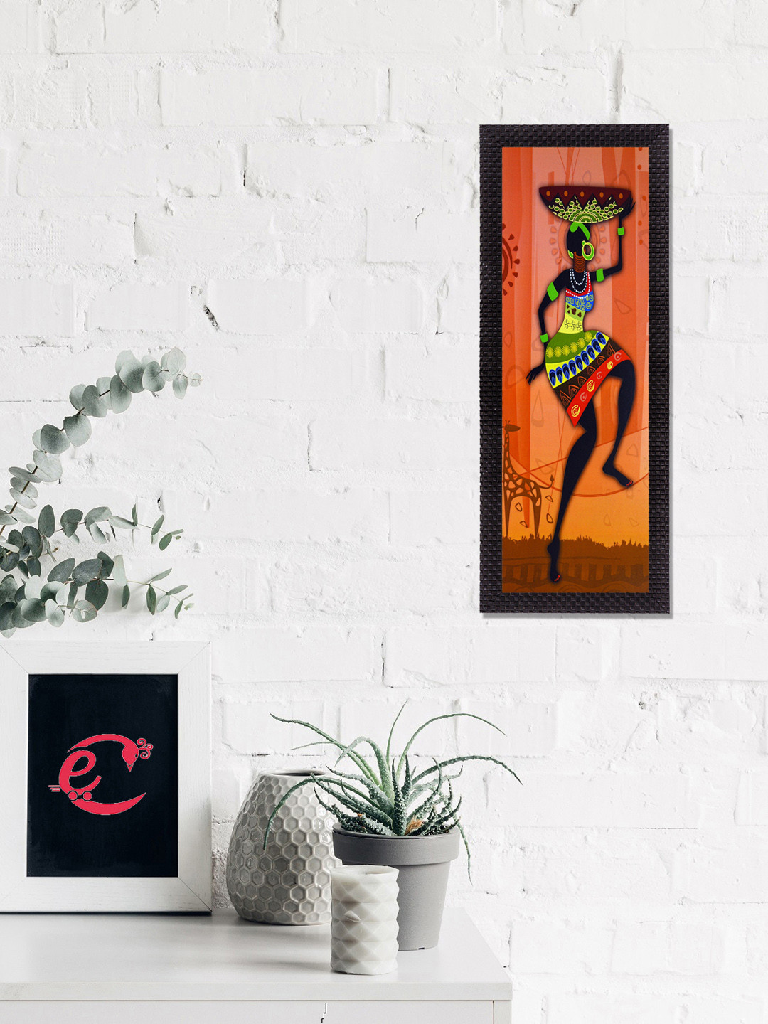 eCraftIndia Orange and Black Colorful Tribal Woman Satin Matt Texture UV Wall Art