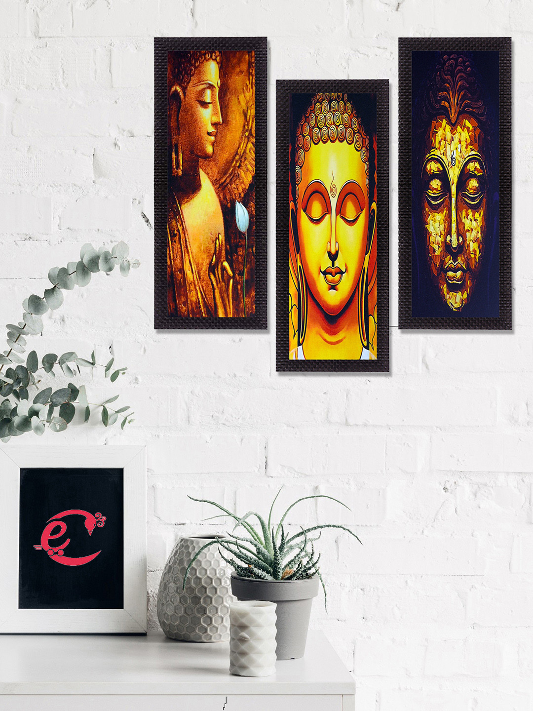 eCraftIndia Set Of 3 Yellow & Black Lord Buddha Satin Matt Texture UV Wall Art