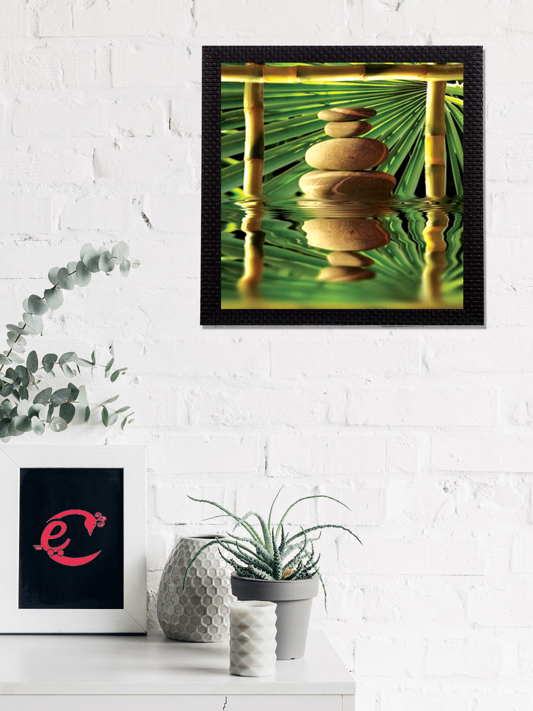 eCraftIndia Green & Brown Stone In Water Satin Matt Texture UV Wall Art