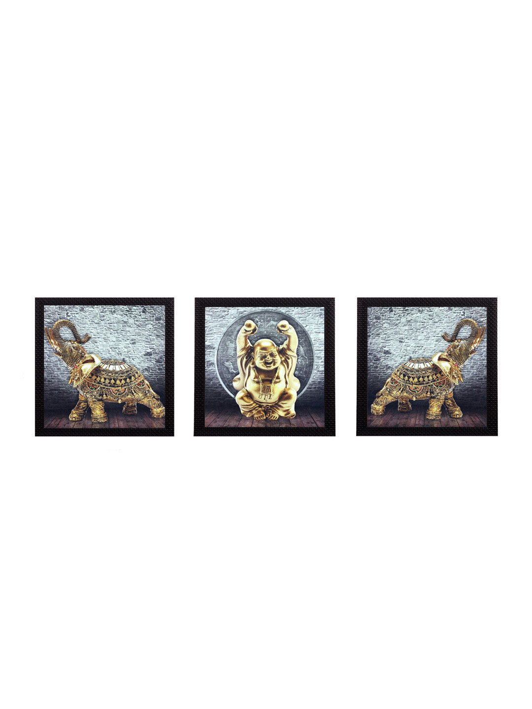eCraftIndia Set Of 3 Gold-Coloured & Grey Buddha and Elephant Satin Matt Texture UV Wall Art