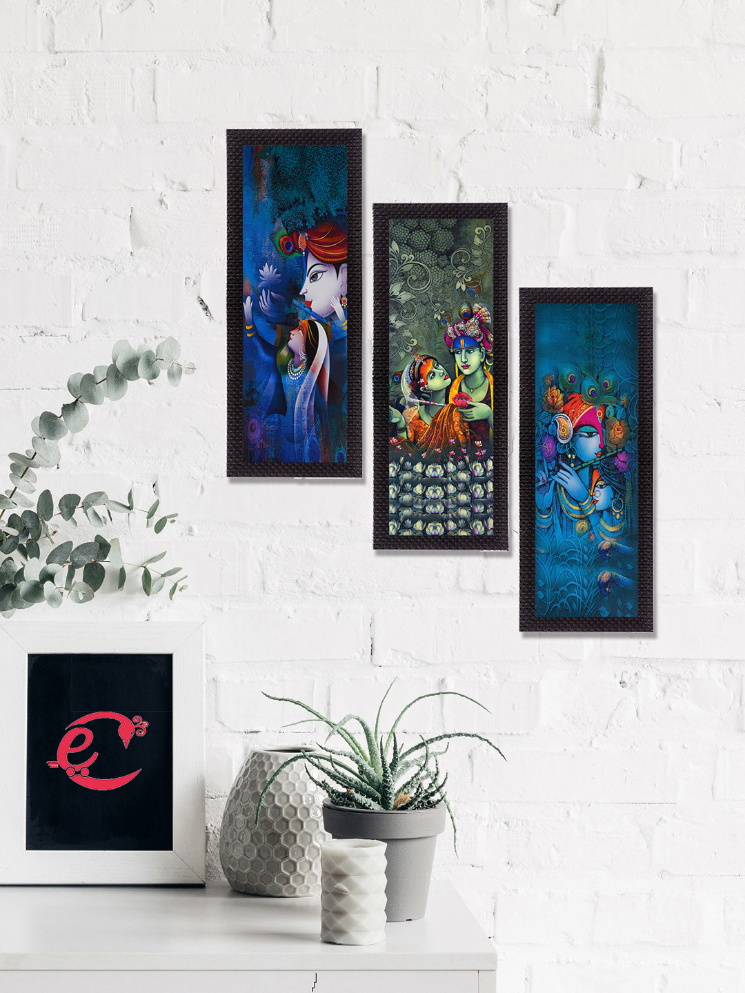 eCraftIndia Radha Krishna Satin Matt 3 Piece Wall Rectangle Paintings Wall Art - 16 x 7 In