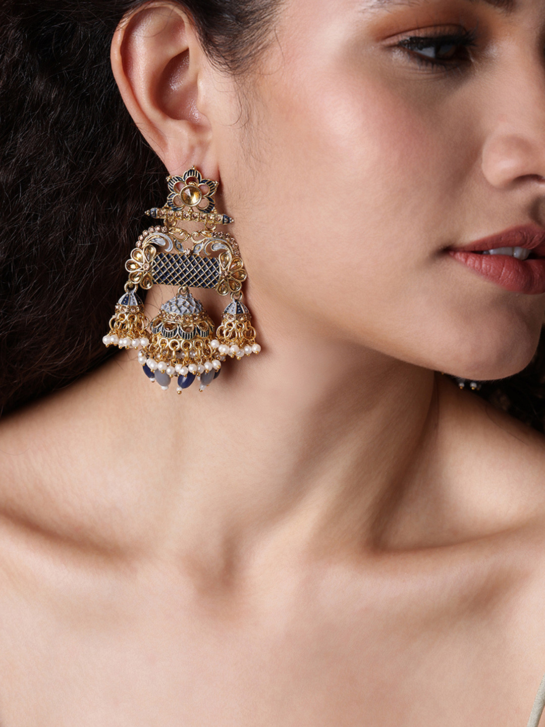 PANASH Gold-Toned & Black Dome Shaped Gold-Plated Hand Painted Drop Earrings