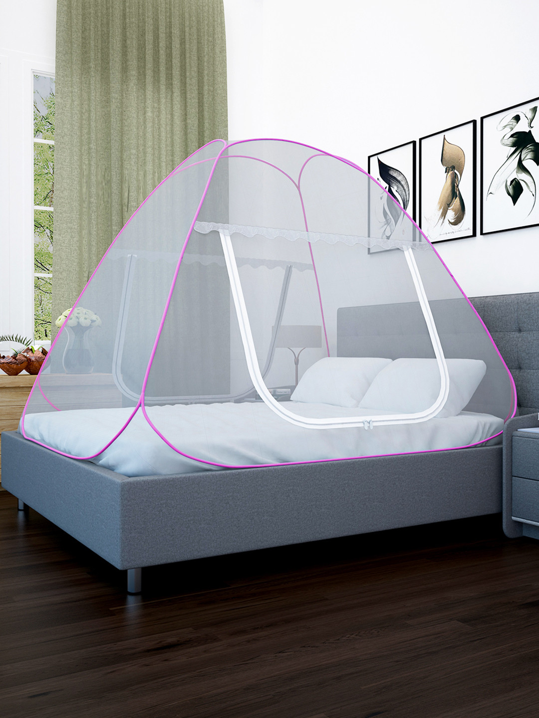 Story@home Pink & White Double Bed Foldable Mosquito Net