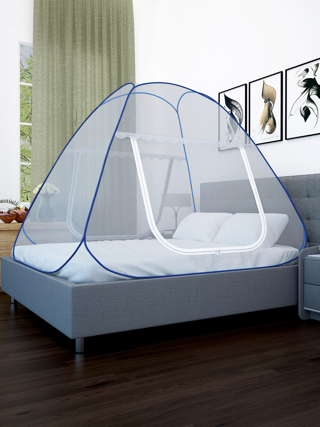 Story@home White & Blue Sheer Queen Foldable Tent Mosquito Net with Bag