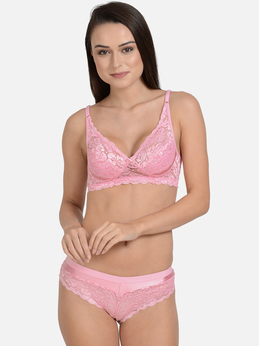 mod & shy Women Pink Self-Design Lace Lingerie Set MS219