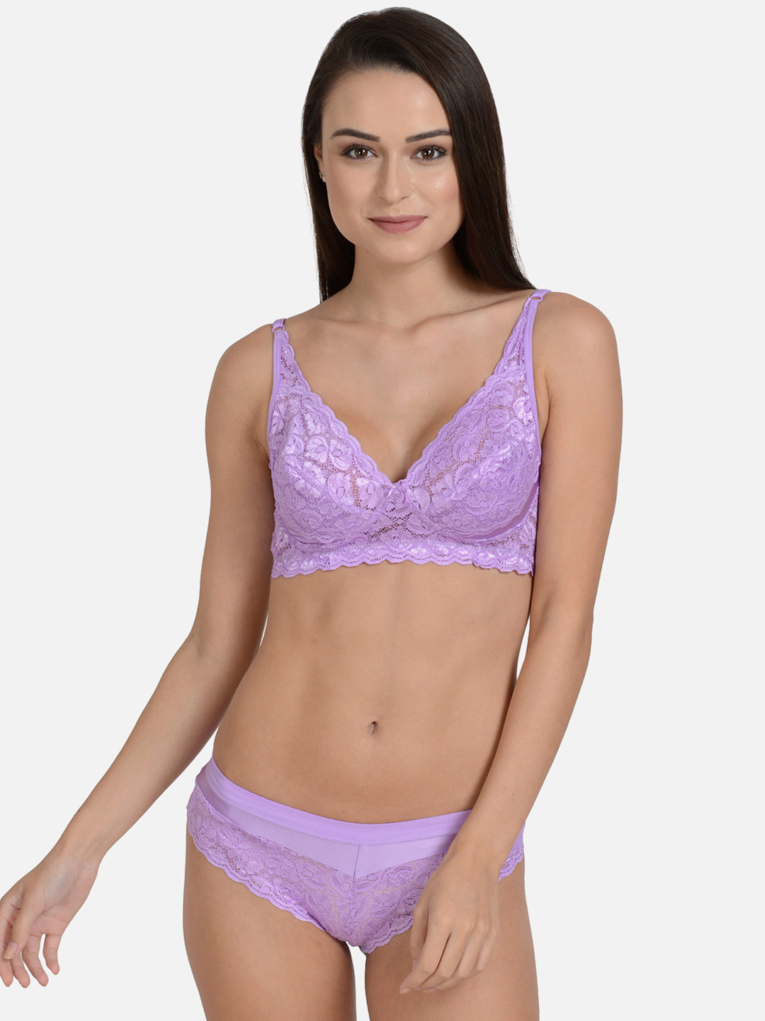 mod & shy Women Lavender Self-Design Soft Lace Lingerie Set MS221