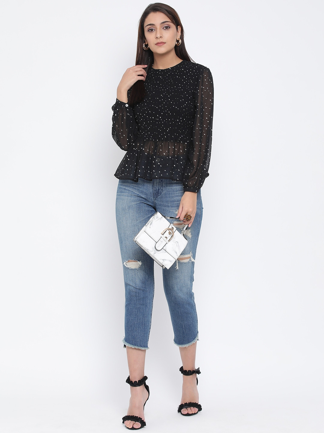 Oxolloxo Women Black & White Printed Smocking Semi-Sheer Fitted Top