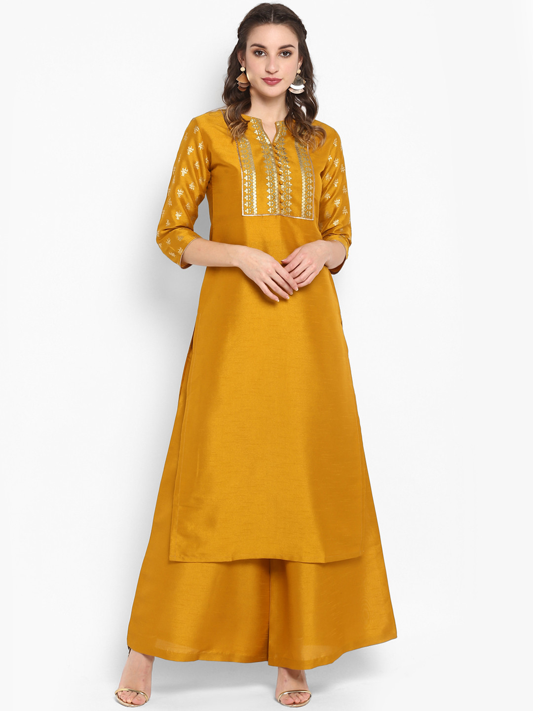 Janasya Women Mustard Yellow & Gold-Toned Printed Kurta with Palazzos