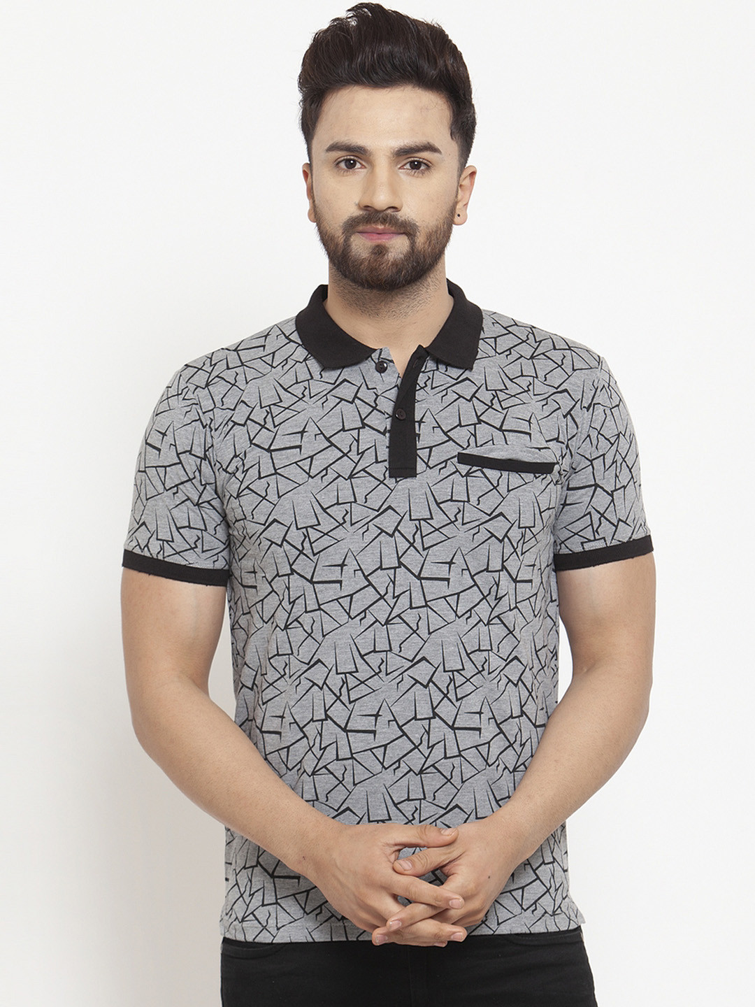 WILD WEST Men Grey  Black Printed Polo Collar Pure Cotton T-shirt