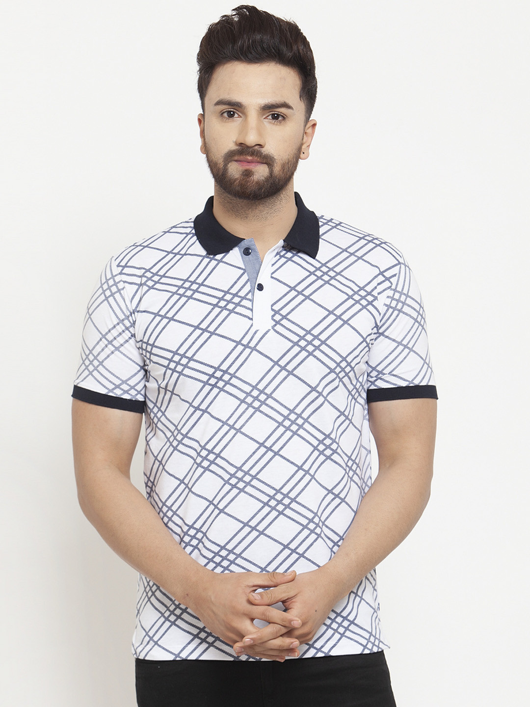 WILD WEST Men White & Black Checked Polo Collar T-shirt