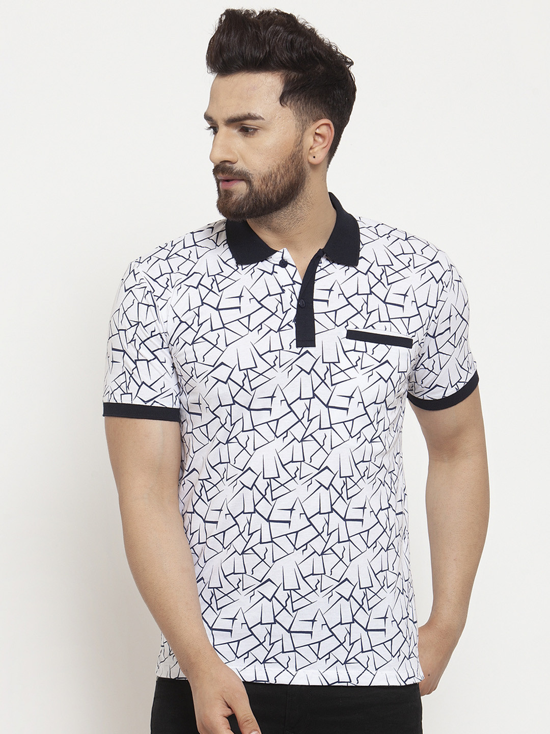 WILD WEST Men White & Navy Blue Printed Polo Collar T-shirt