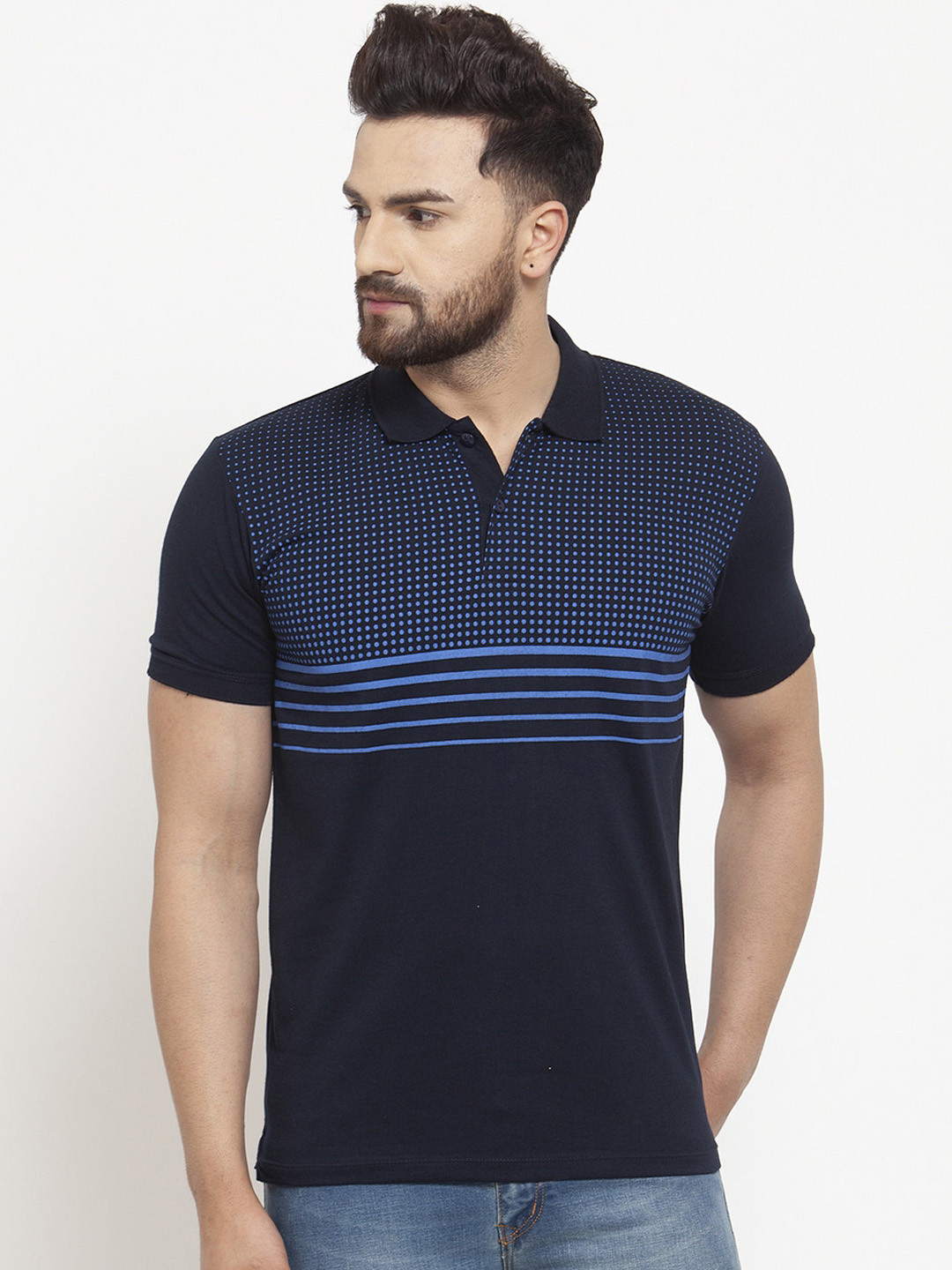 WILD WEST Men Navy Blue Printed Polo Collar Pure Cotton T-shirt