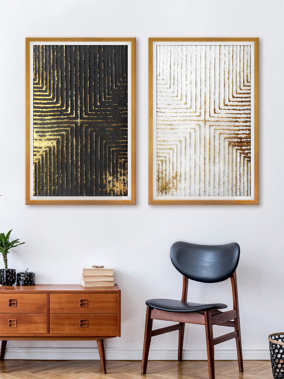 999Store Set Of 2 Gold-Toned & White Stripe Pattern Canvas Wall Art