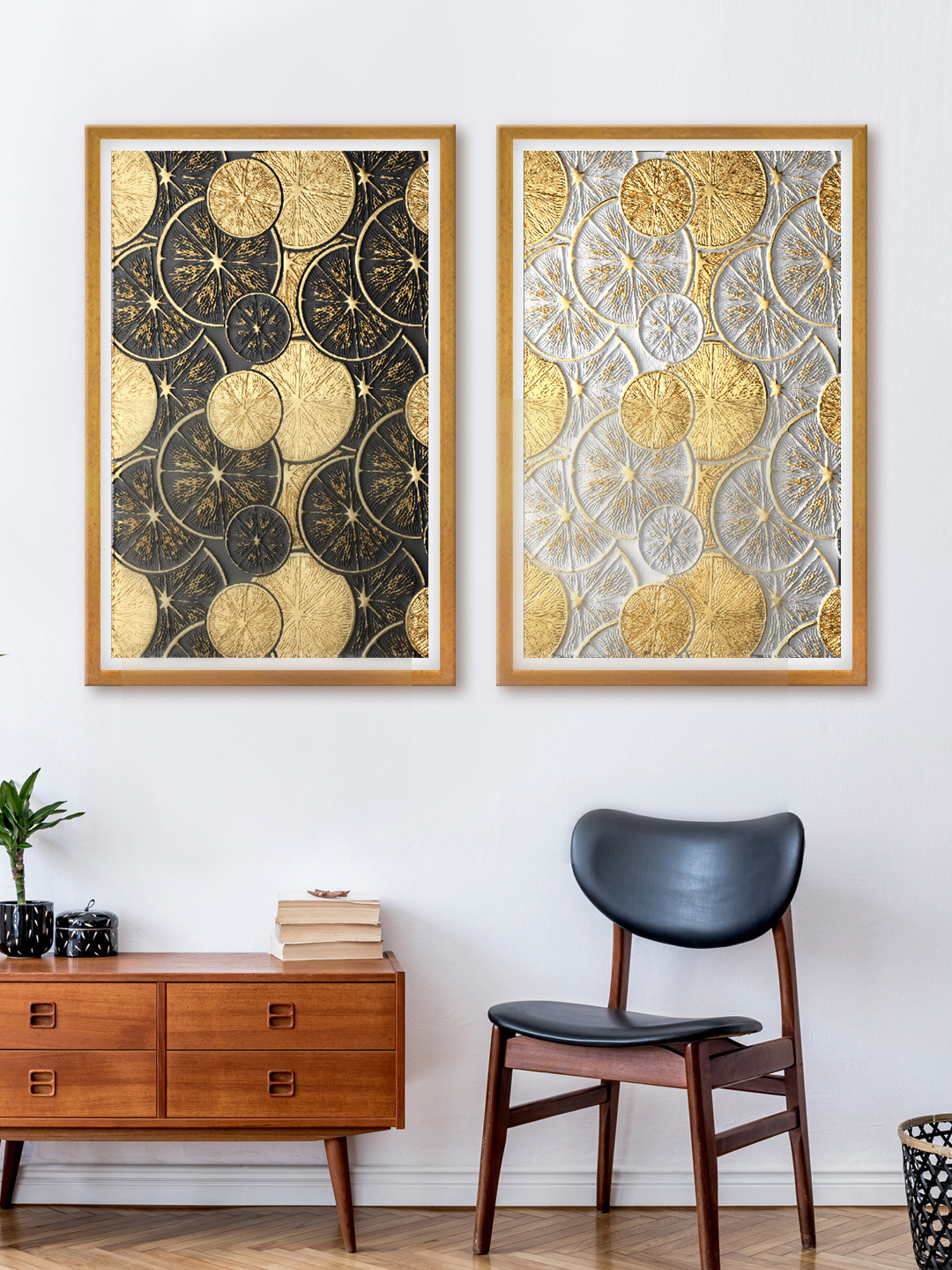 999Store Set Of 2 Gold-Toned & White Abstract Canvas Wall Art
