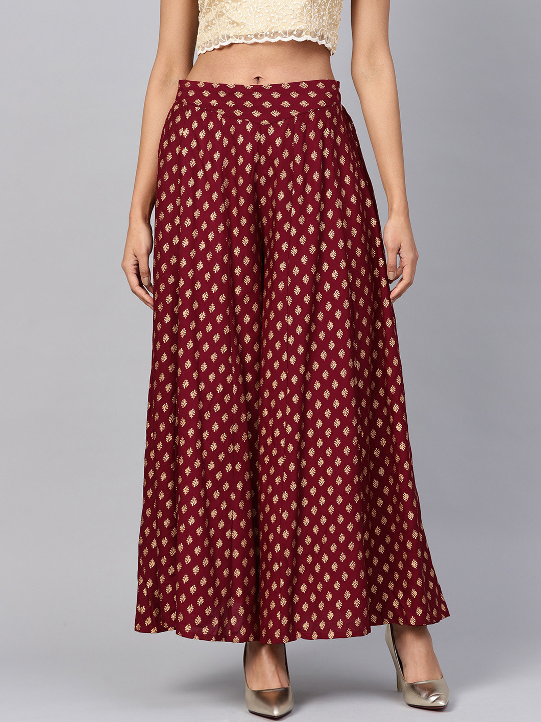Juniper Women Maroon & Gold-Coloured Printed Flared Palazzos