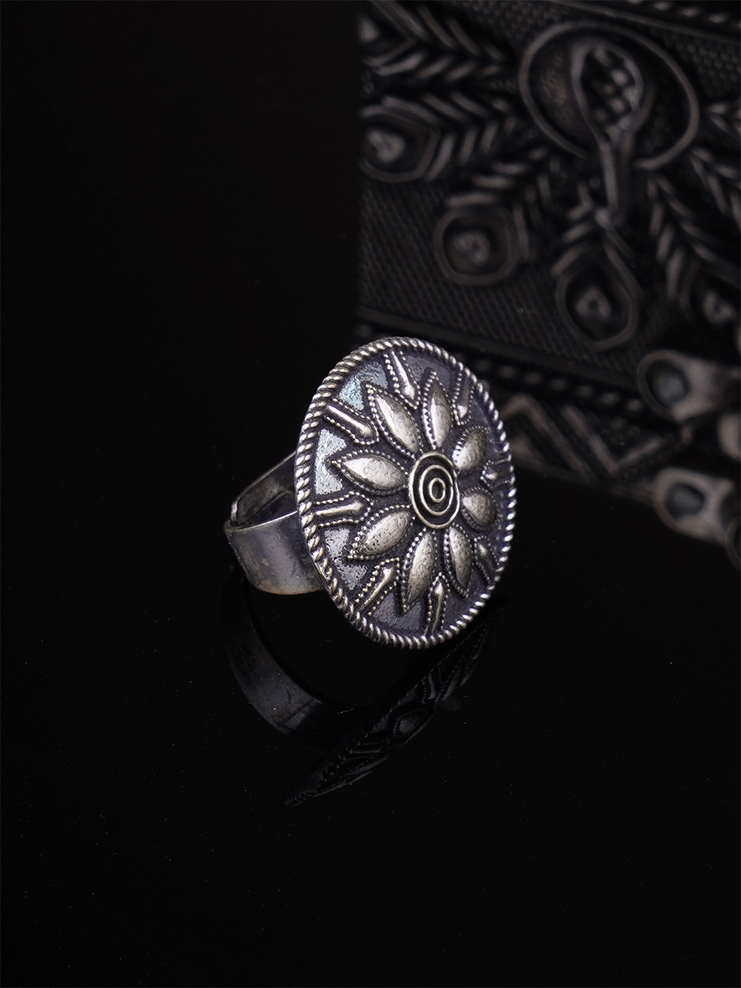 Adwitiya Collection Oxidized Silver-Plated Adjustable Finger Ring