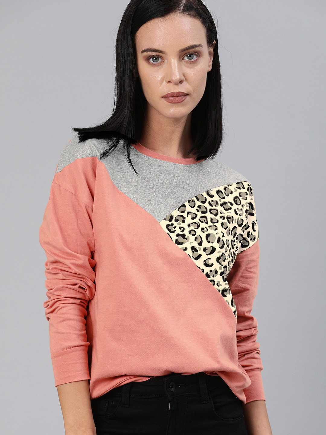 The Roadster Lifestyle Co. Women Colourblocked Animal Print Pure Cotton T-shirt