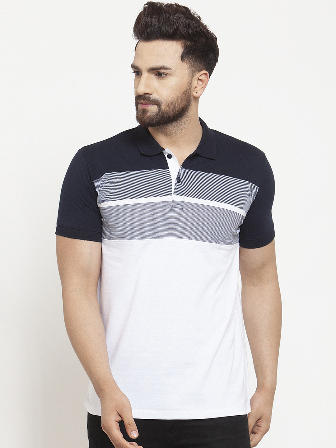 WILD WEST Men White & Black Colourblocked Polo Collar T-shirt