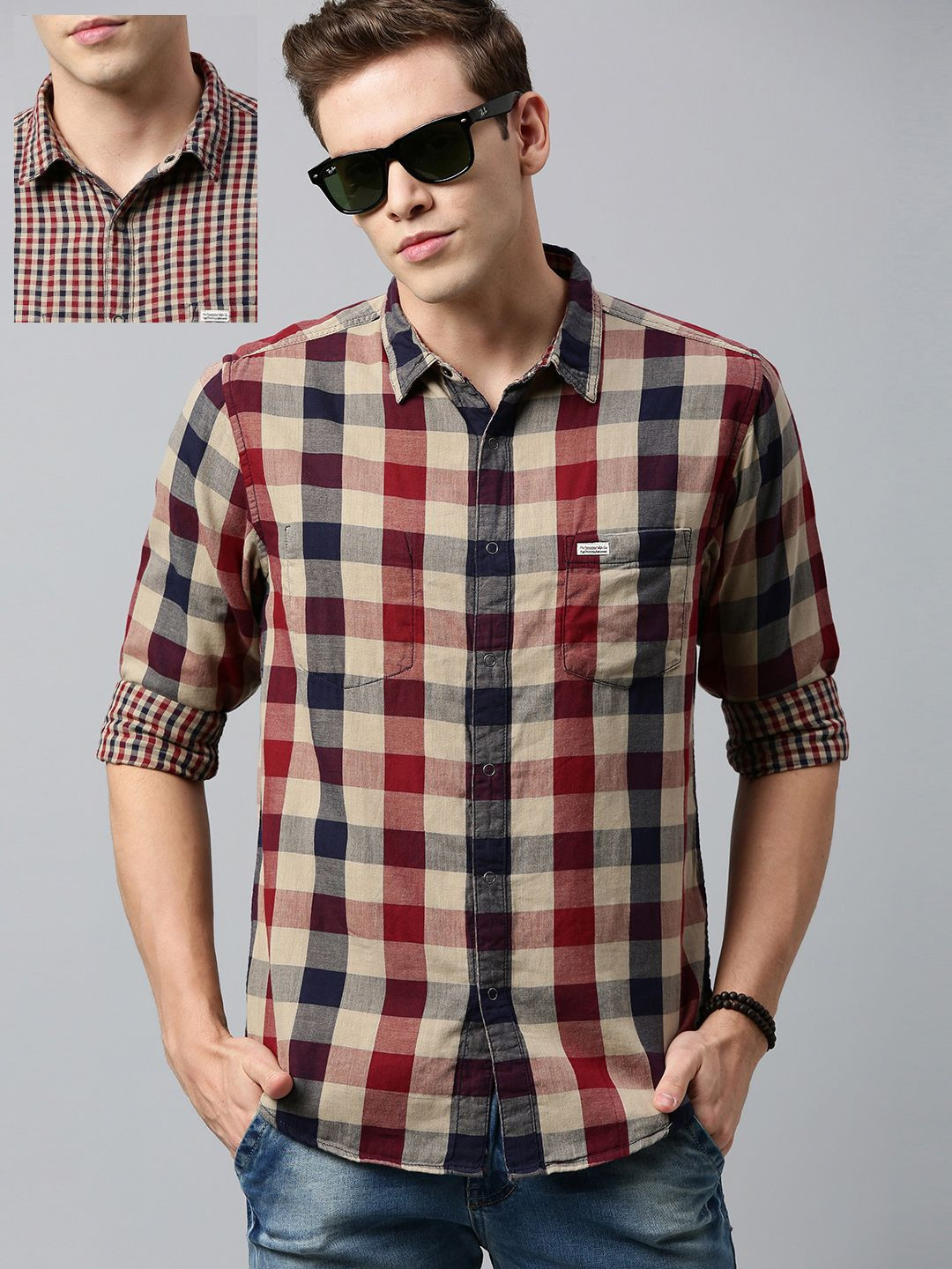 Roadster Men Beige & Red Checked Casual Reversible Shirt