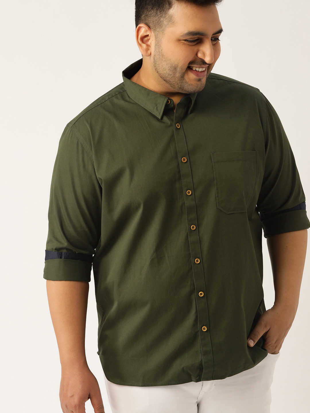 Sztori Plus Size Men Olive Green Regular Fit Solid Casual Shirt