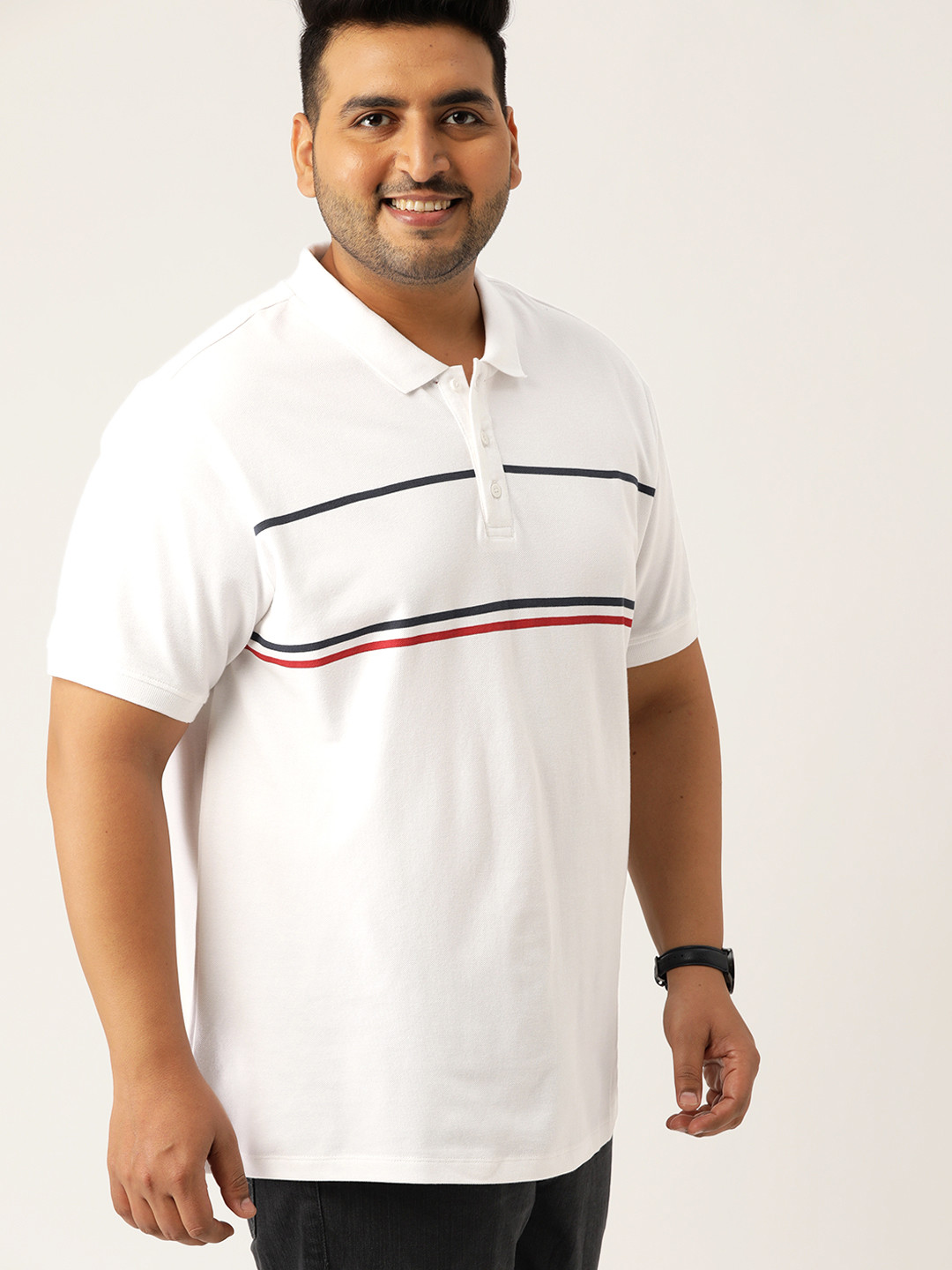 Sztori Plus Size Men White  Red Striped Detail Polo Collar Pure Cotton T-shirt