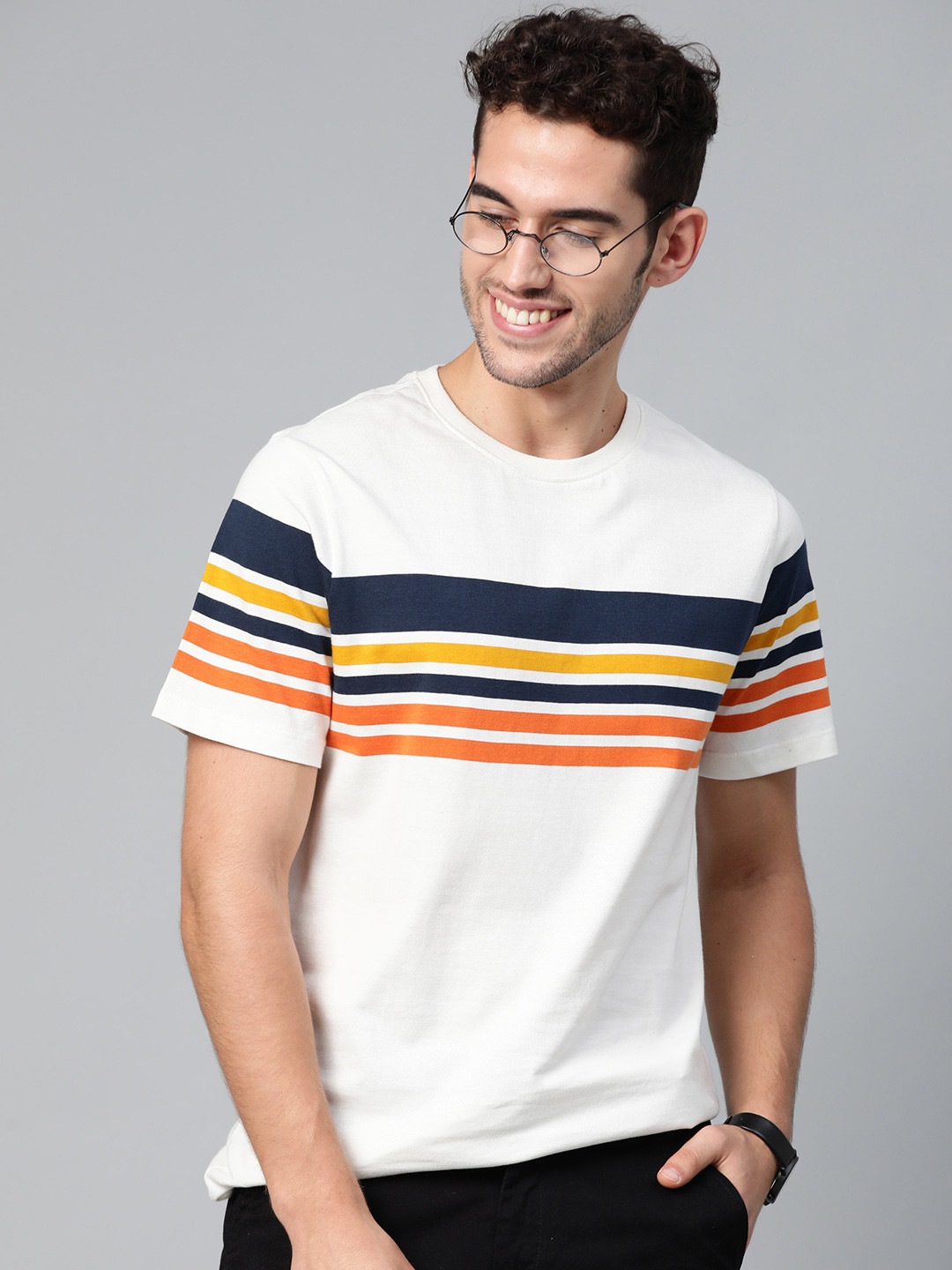 Mast & Harbour Men Off-White & Orange Striped Round Neck T-shirt