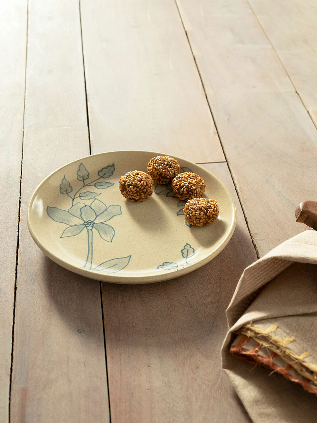 ellementry Cream-Coloured & Teal Blue Printed Fiore Ceramic Side Plate